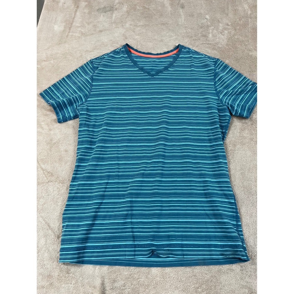 Lululemon 5 Year basic V-Neck Shirt Mens Blue Teal Striped Activewear S/S EUC